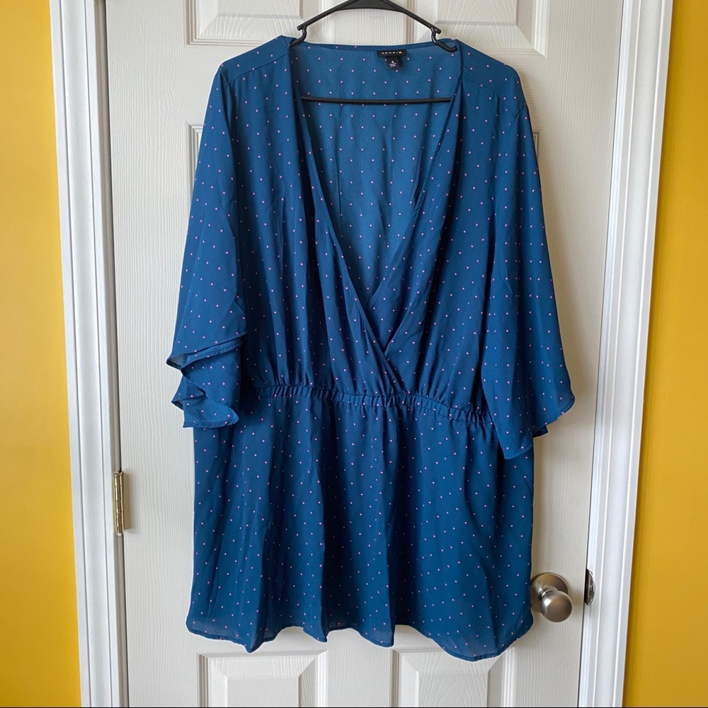 Torrid Flowy Blue and pink polkadot blouse